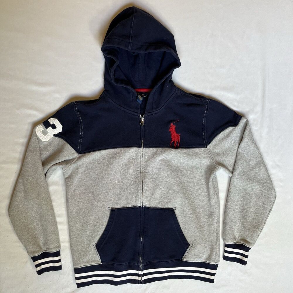Polo Ralph Lauren Kids Navy Gray Colorblock Big Pony Zip Hoodie Size XL 18-20